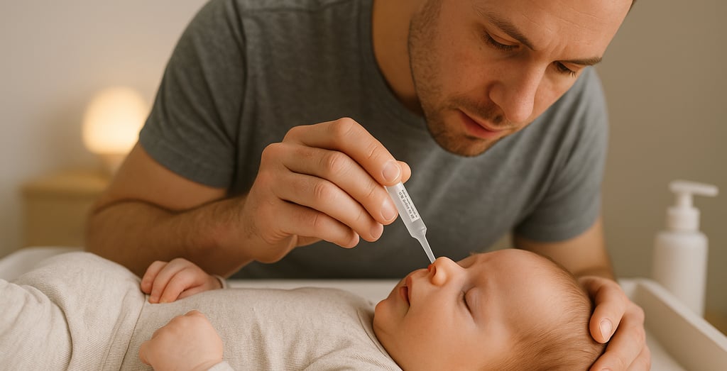homme qui administre du sérum physiologique à son bébé