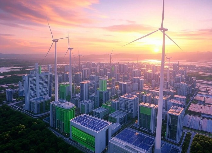 Futuristic cityscape at sunset with towering wind turbines, solar panels