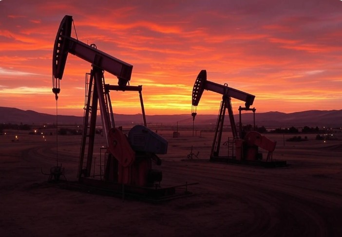 Silhouette of two oil pumpjacks operating against a vibrant orange and pink sunset.