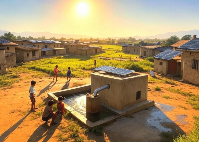 Artistic depiction of a rural Indian village with traditional homes topped with modern solar panels