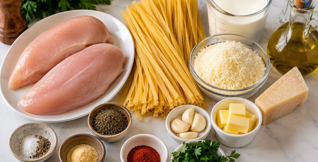Raw chicken breasts, fettuccine pasta, Parmesan cheese, butter, garlic, heavy cream, olive oil, pars