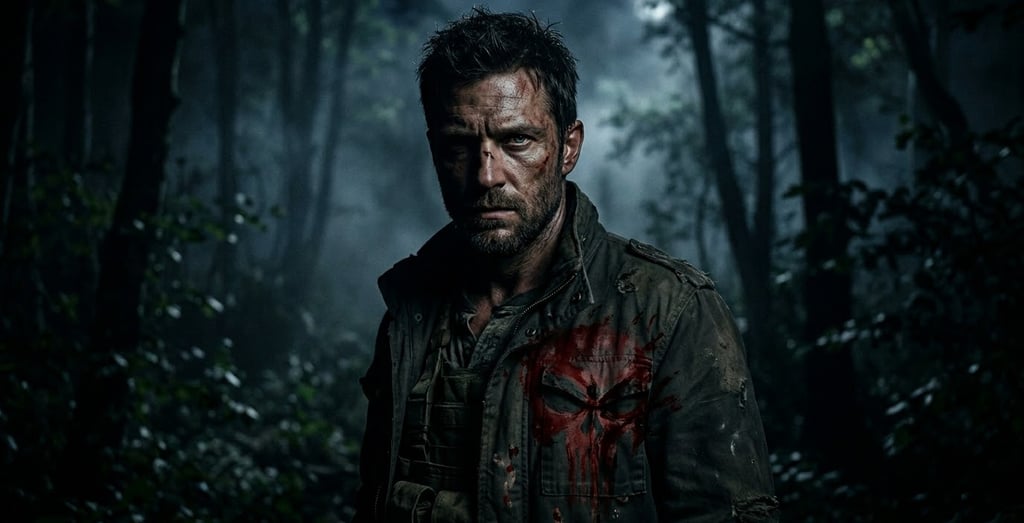 A gritty man in a forest wearing a jacket with a red skull logo, inspired by The Punisher.