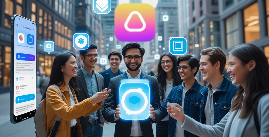 a group of people standing in a futuristic world with apps displayed over their heads