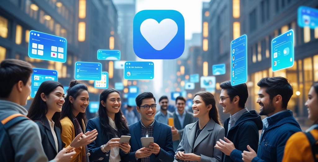 a group of people standing holding out their phone with their happy faces