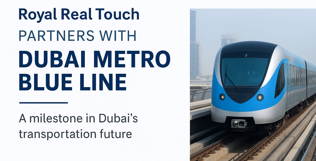 Dubai Metro Blue Line station with Royal Real Touch branded seating, modern design, passengers waiti