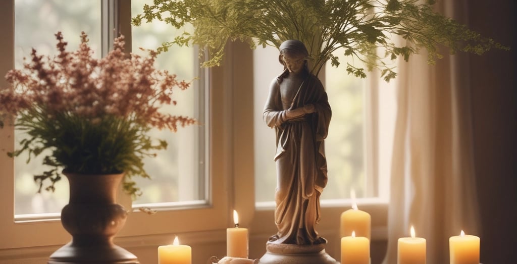 A beautifully restored statue of a saint surrounded by soft lighting.