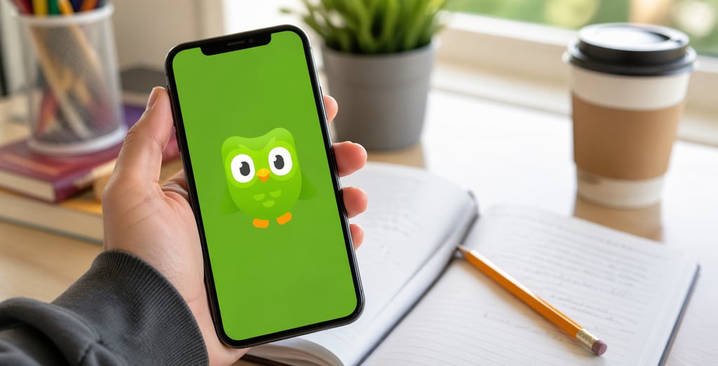 Pessoa segurando um smartphone com aplicativo de aprendizado de idiomas aberto, em ambiente de estud