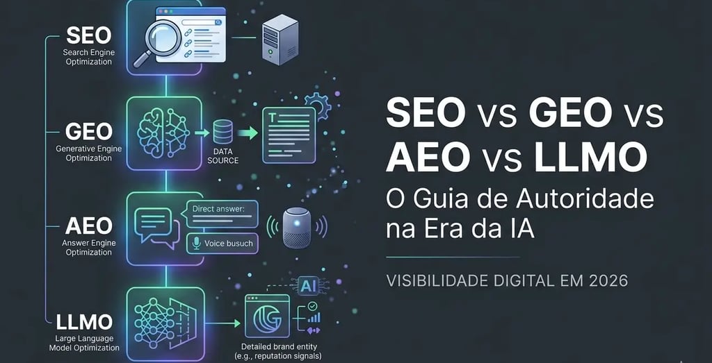 Diagrama comparativo de SEO, GEO, AEO e LLMO para visibilidade digital e autoridade em IA.