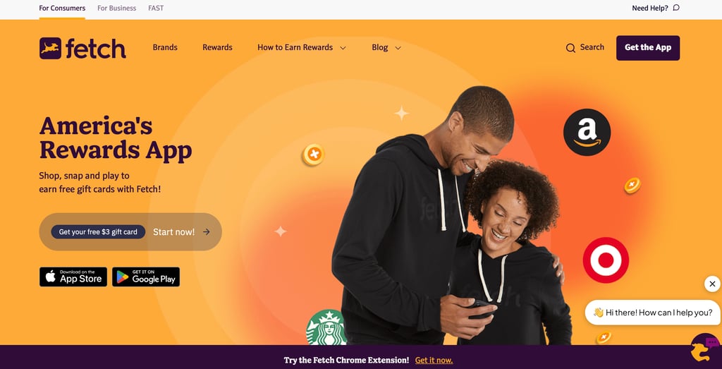 Fetch app website promoting free gift cards for snapping receipts.