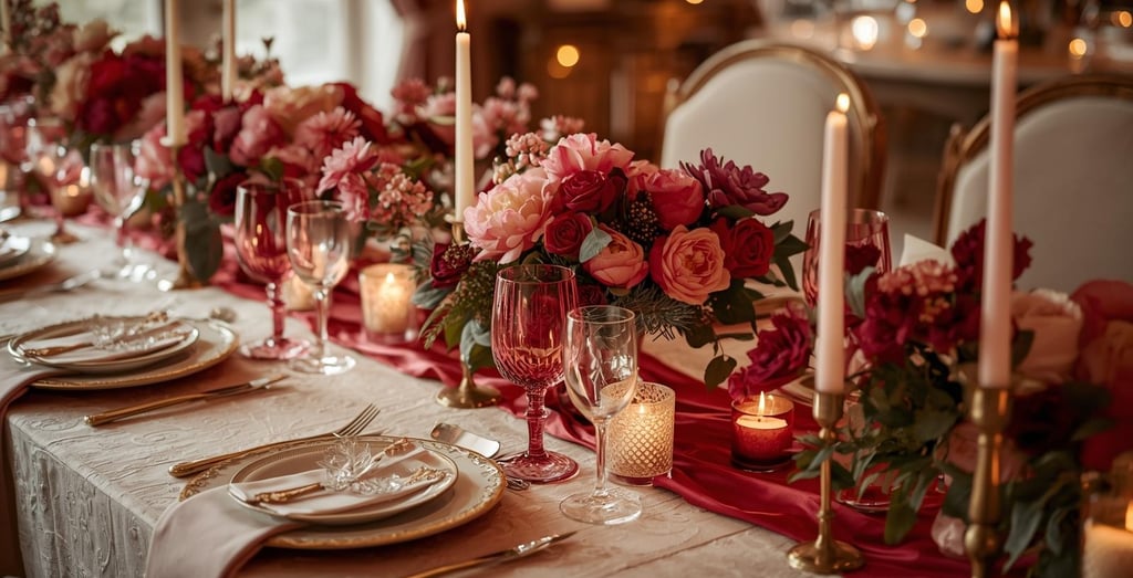 Romantic Valentine’s dinner table with blush and burgundy color palette