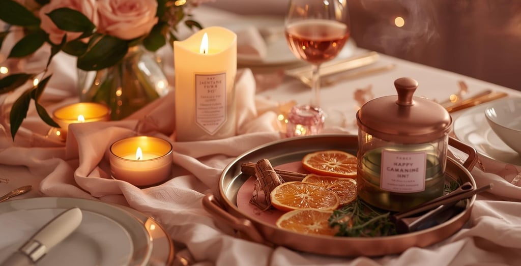 Valentine’s table with scented candles, citrus slices, and cinnamon sticks
