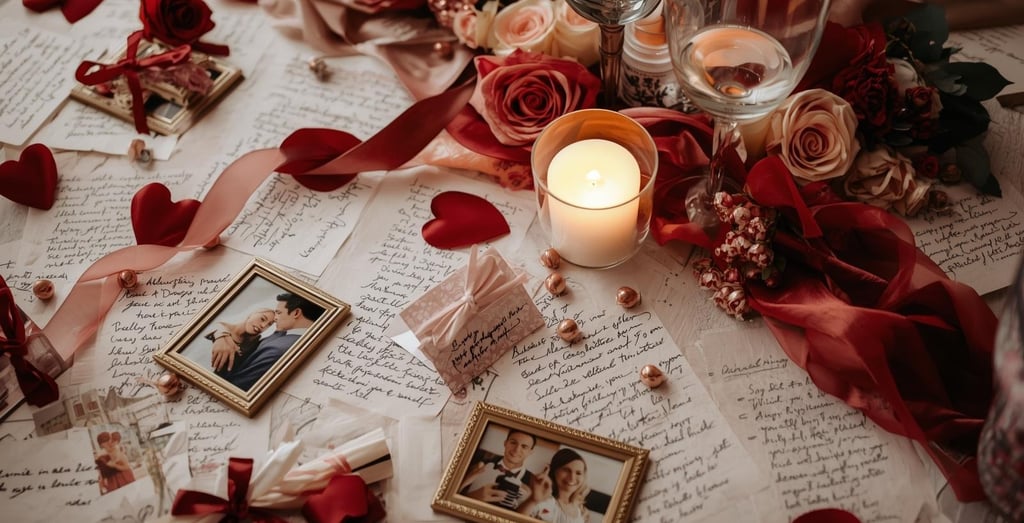Personalized Valentine’s dinner table with love notes, place cards, and candlelight 