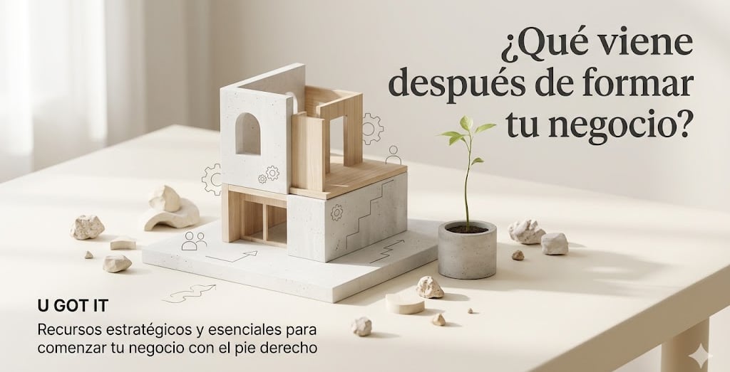 Miniature architectural model with a small plant and Spanish text about business growth strategy.