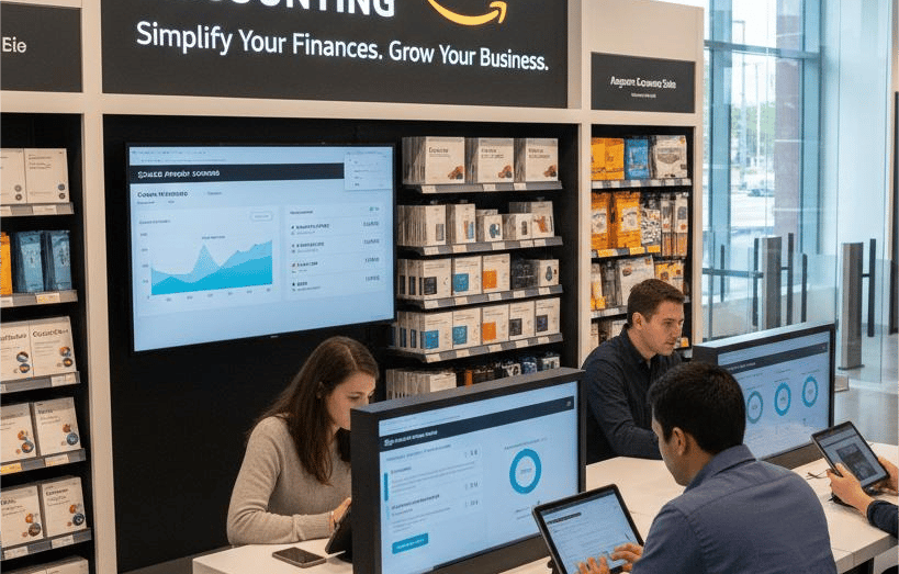 Team of e-commerce accountants analyzing Amazon seller data on computers