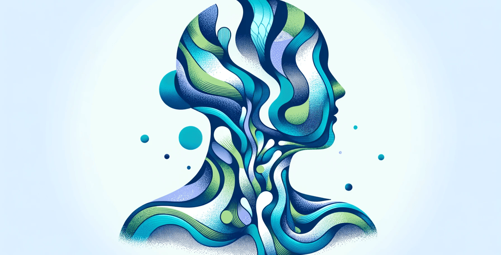 a woman's profile with a blue and green abstract design