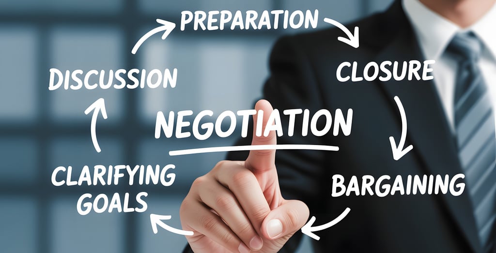 A businessman pointing to a business negotiation cycle diagram showing preparation, bargaining, and closure steps.