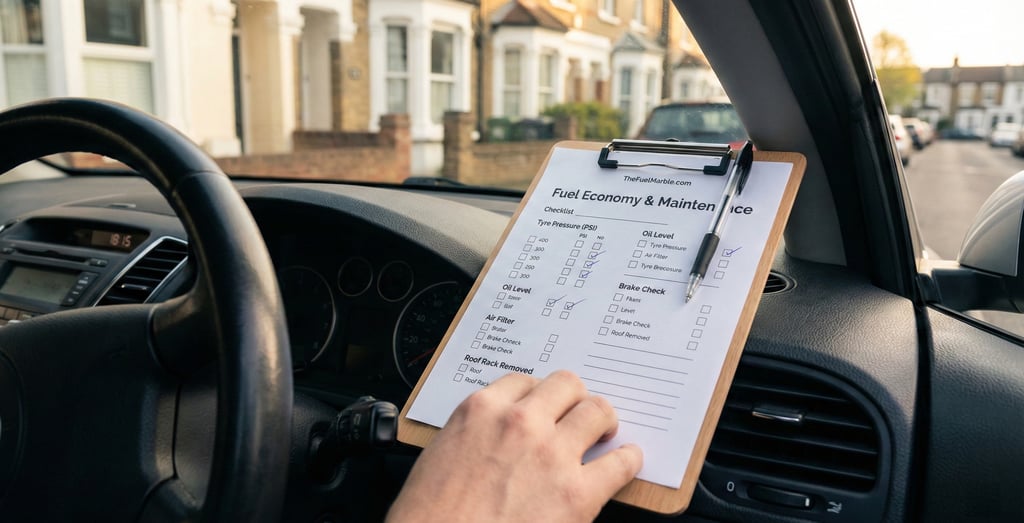 Car maintenance checklist on clipboard on car dashboard — complete fuel economy maintenance guide