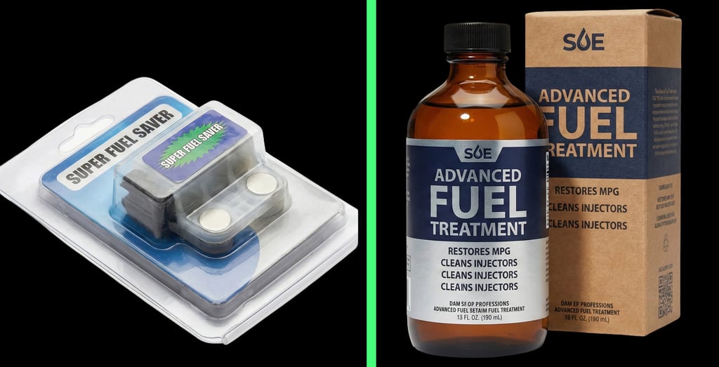 Comparison of a magnetic fuel saver gadget versus a legitimate fuel efficiency product, illustrating the gap between myth 