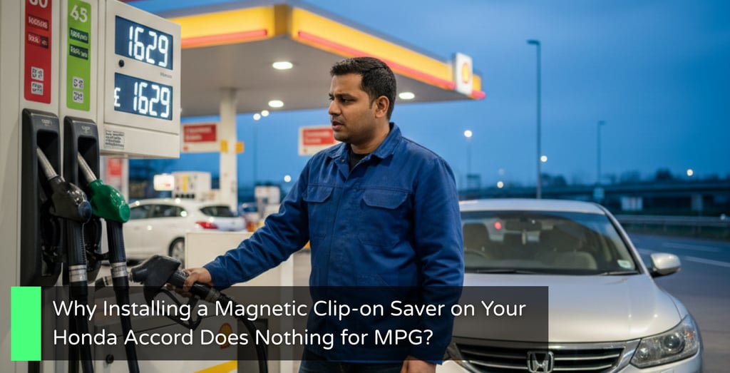 Driver at Fuel Station: Stressed Honda Accord driver looking at high petrol prices on a digital fuel pump display in the UK.