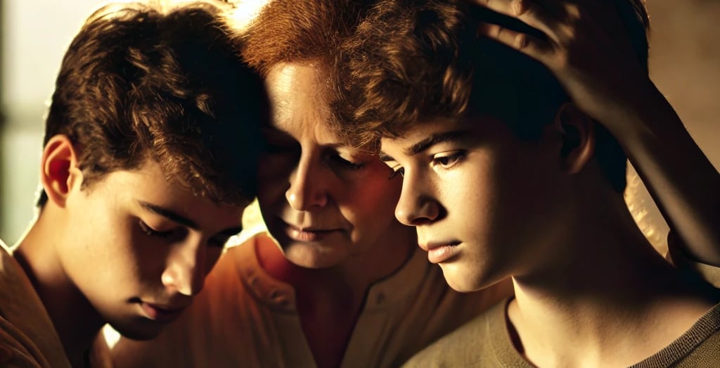 A mother embraces her two teenage sons, their faces close, radiating deep love and emotion.