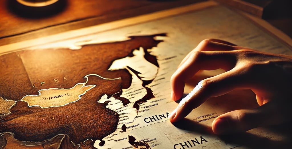 A world map on a table, a finger tracing the path toward China, signifying both escape and hope.