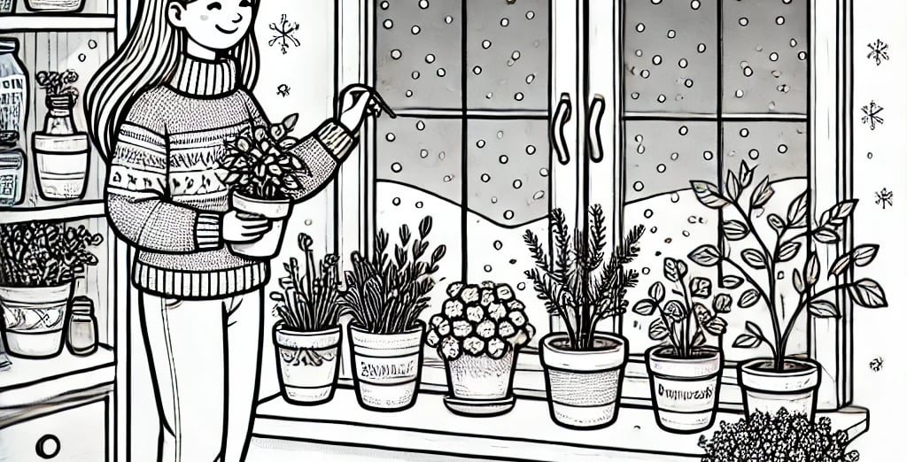 a woman in the winter with her herb garden