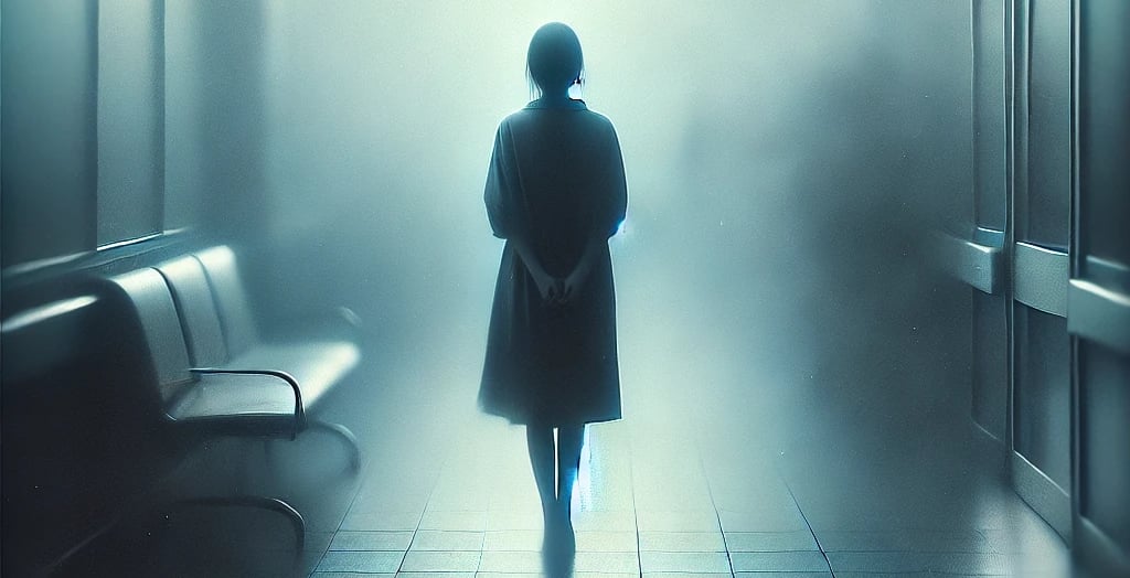 A woman leaves a hospital, the blurred world around her evokes detachment, transition, introspection