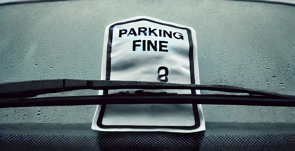 Parking fine on a windshield under a gray sky, capturing life's small frustrations.