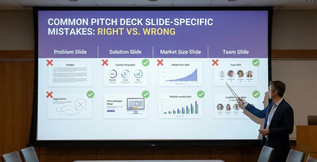 Presentation showing common pitch deck slide mistakes comparison