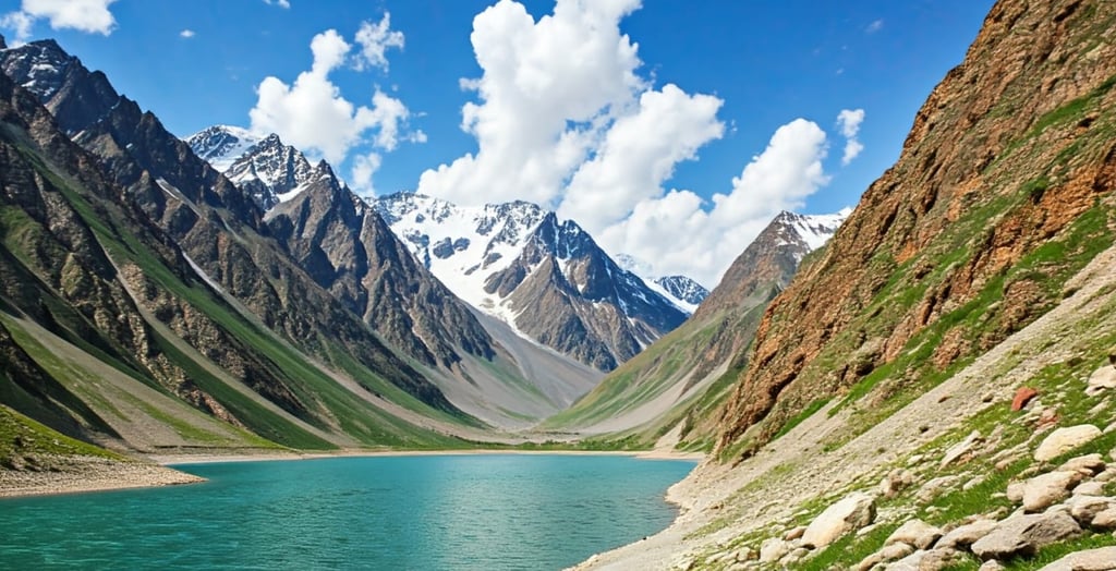 a mountain scene with a lake and mountains in the background