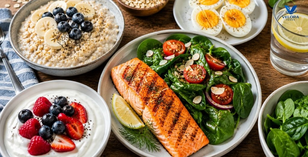 Five of the best foods for weight loss including salmon, eggs, Greek yogurt, oats, and leafy greens.