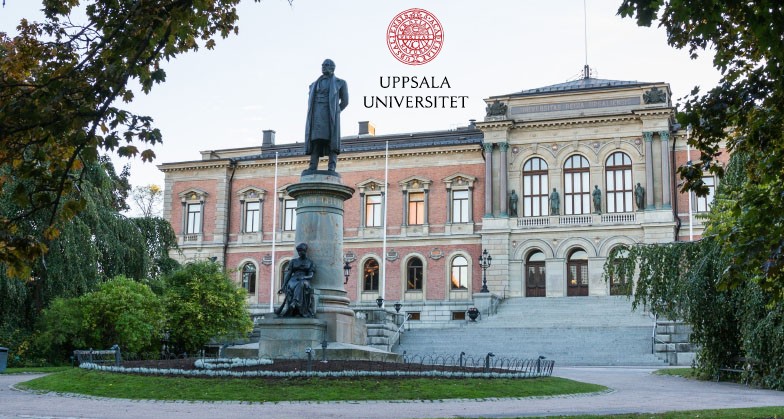 Uppsala University building with a statue in the foreground, representing the historic significance