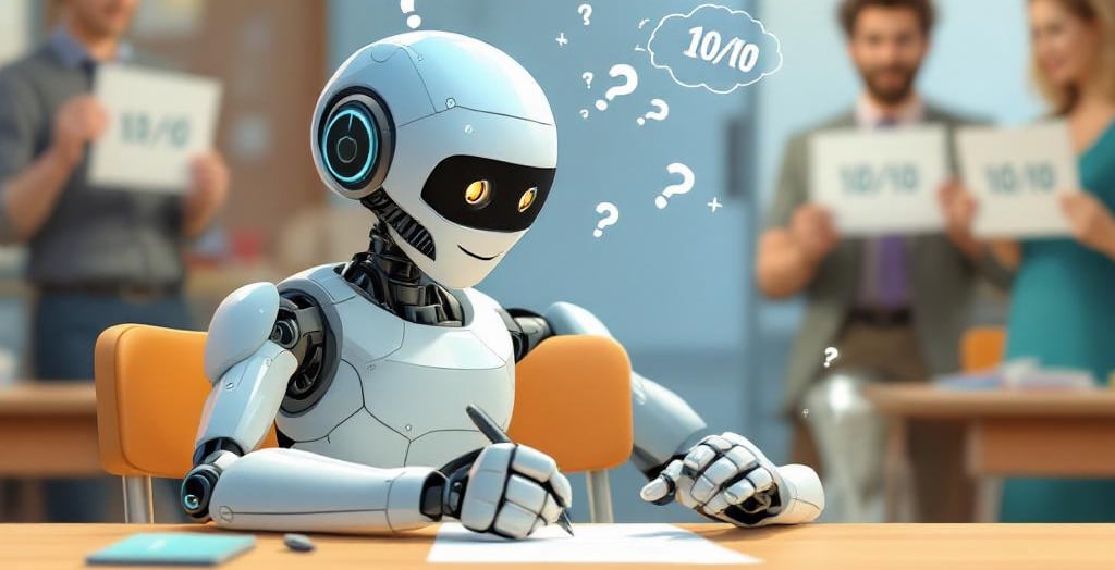 Robot IA respondiendo examen con confianza mientras ideas falsas flotan en burbujas sobre su cabeza