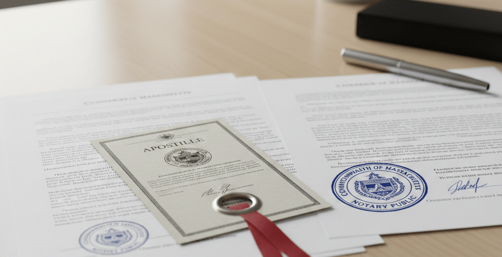 Massachusetts birth certificate prepared for apostille authentication stamped and sealed.
