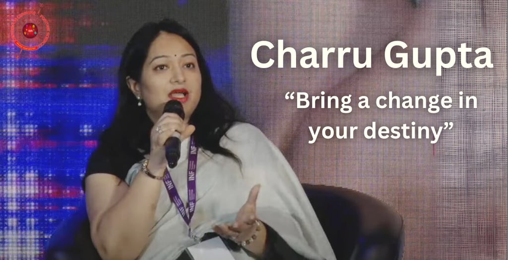 a woman in a white dress and a microphone with a message that says Charru Gupta Numerologist