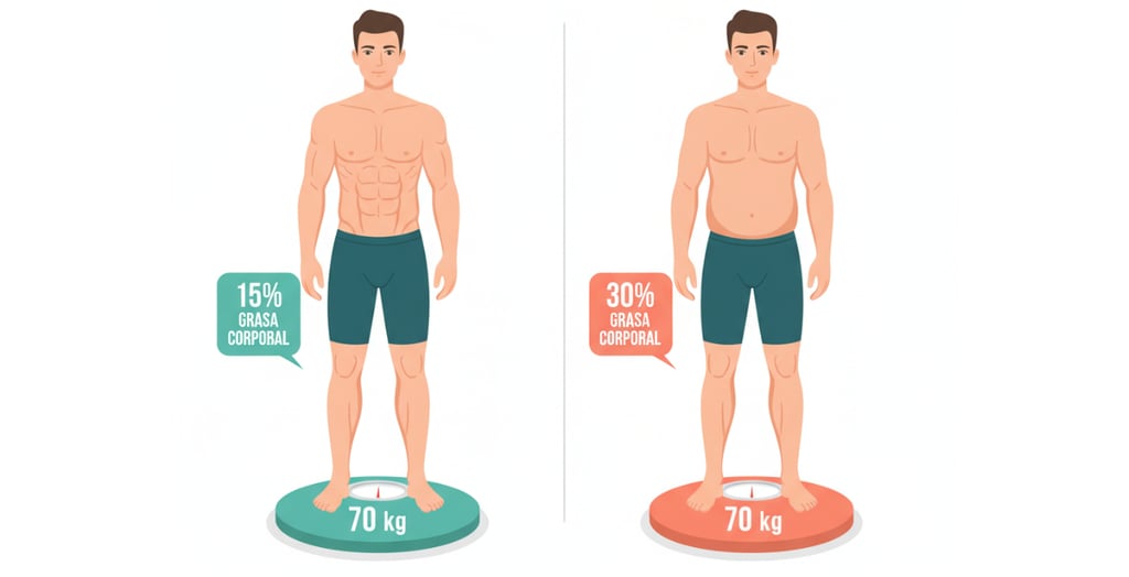 Comparación de composición: 15% vs. 30% de grasa en hombres (70 kg). Impacto visual de la grasa 