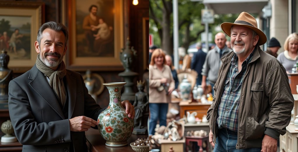 Un antiquaire dans un magasin d'antiquités, un brocanteur dans une brocante