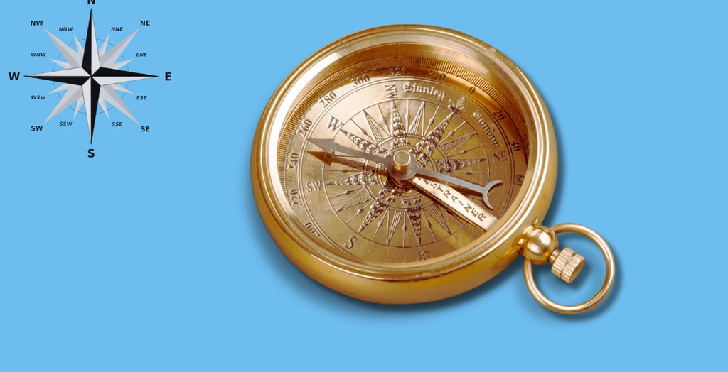 Compass and wind rose in the upper left corner.