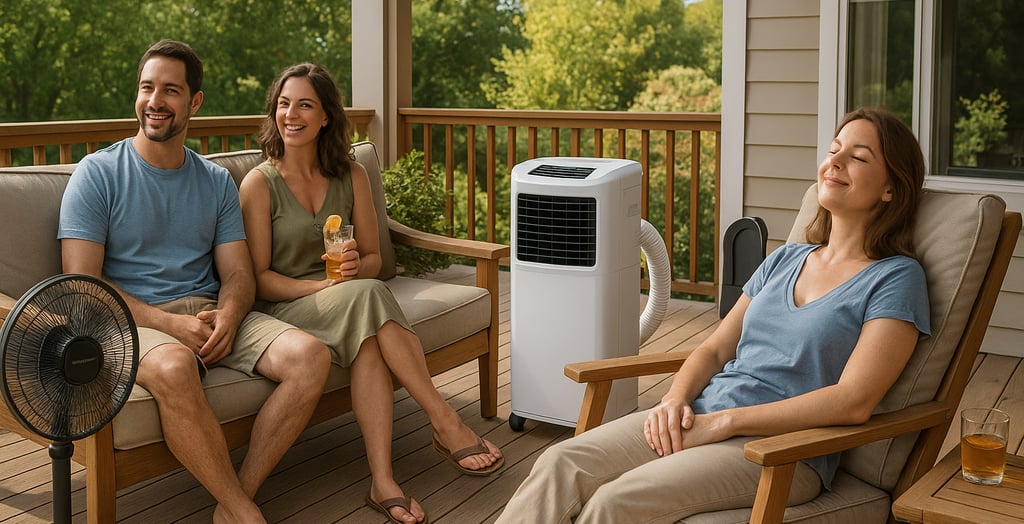 Adults enjoying summer on a patio with portable fan and air conditioner.
