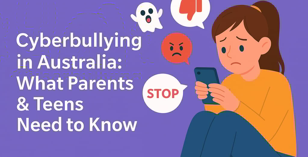 Teen girl upset by cyberbullying messages, with icons and text about online safety in Australia.