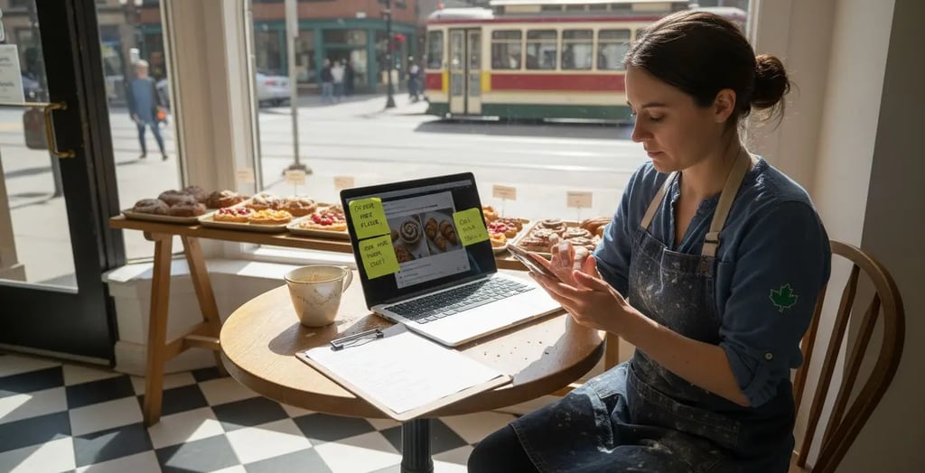 Bakery owner posting on smartphone in shop
