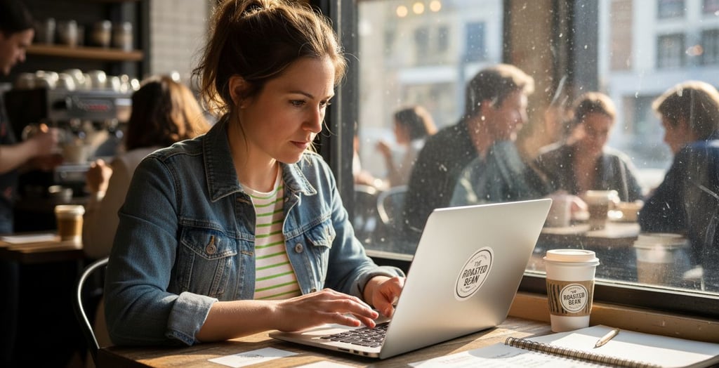 Retail owner checking branding on laptop