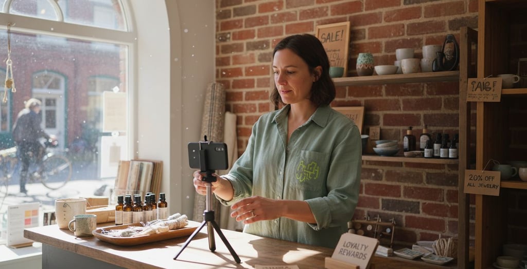 Business owner filming video in shop