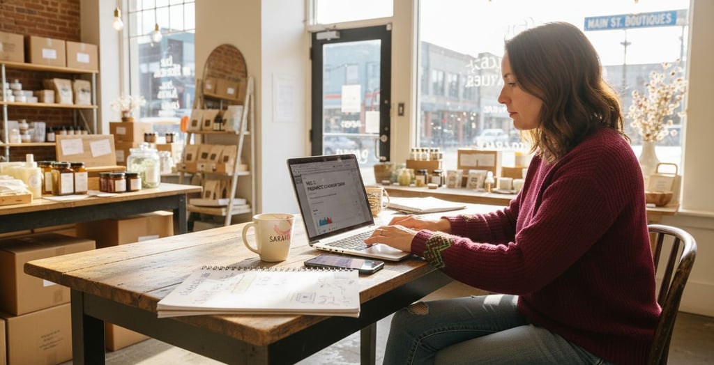 Small business owner planning social media content