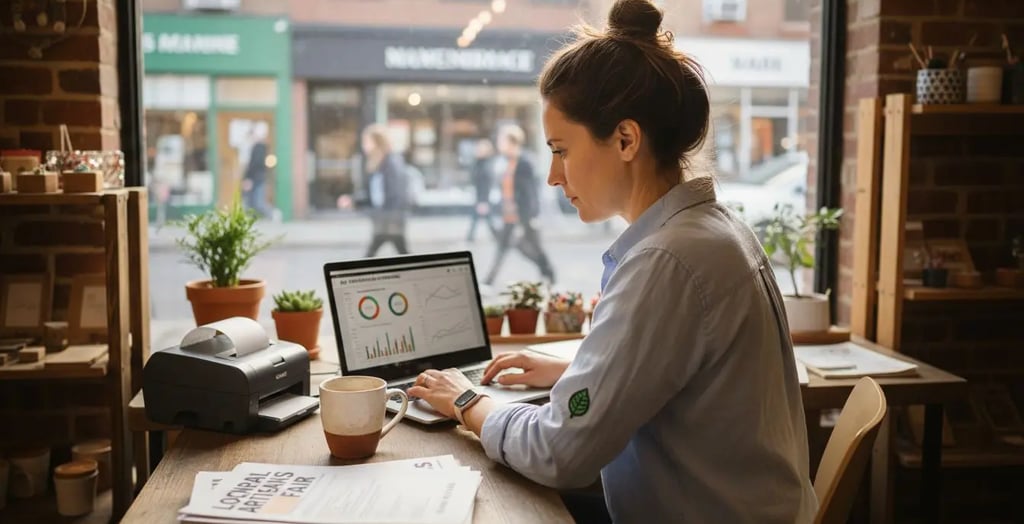 Shop owner reviewing digital ads at desk