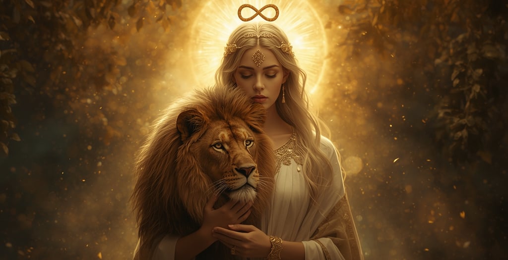 uma mulher de vestido branco segurando um leão