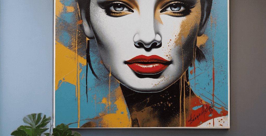 Quadro personalizado de rosto de mulher em estilo pop-art com fundo abstrato.