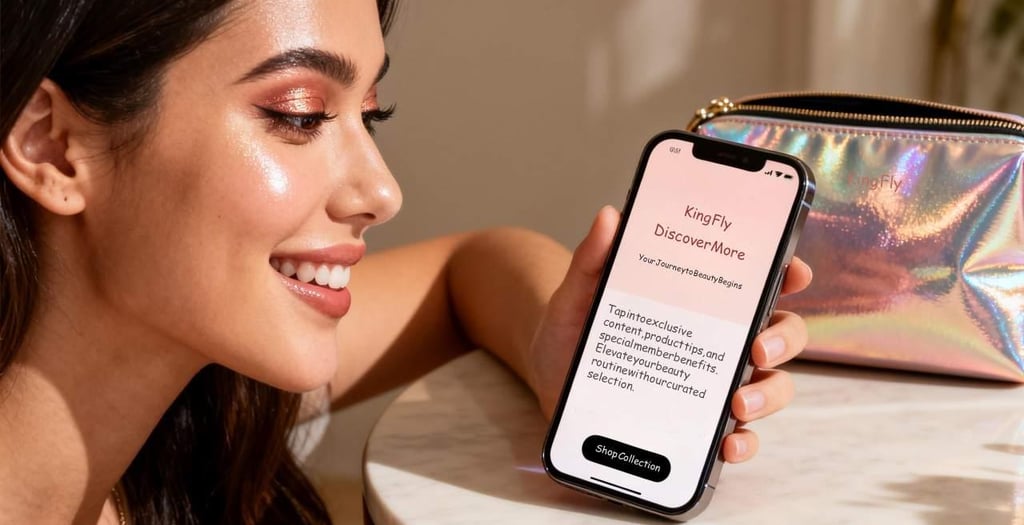 A woman looks happily at her phone after her King Fly cosmetic pouch unlocked exclusive content.