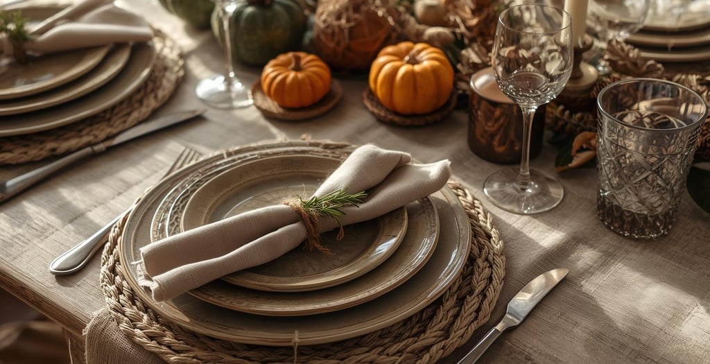 Thanksgiving place setting with stacked plates, woven placemats and linen napkins arranged with love