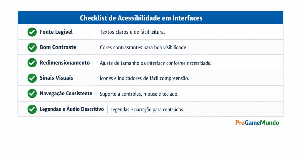 Checklist de acessibilidade para interfaces de jogos com itens visuais e legíveis.